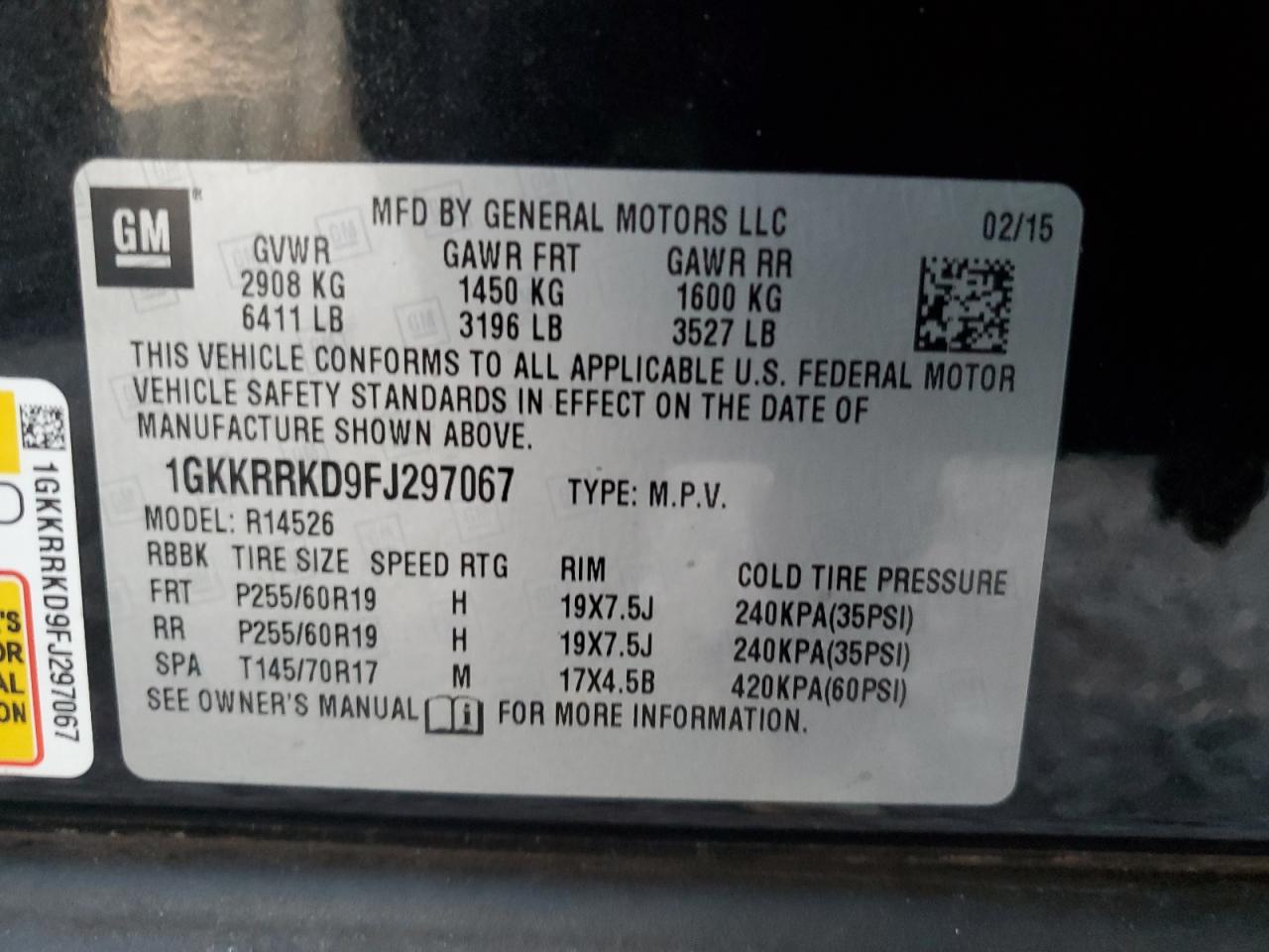 2015 GMC Acadia Slt-1 VIN: 1GKKRRKD9FJ297067 Lot: 92460775