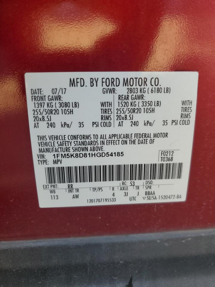 2017 Ford Explorer Xlt VIN: 1FM5K8D81HGD54185 Lot: 91233375