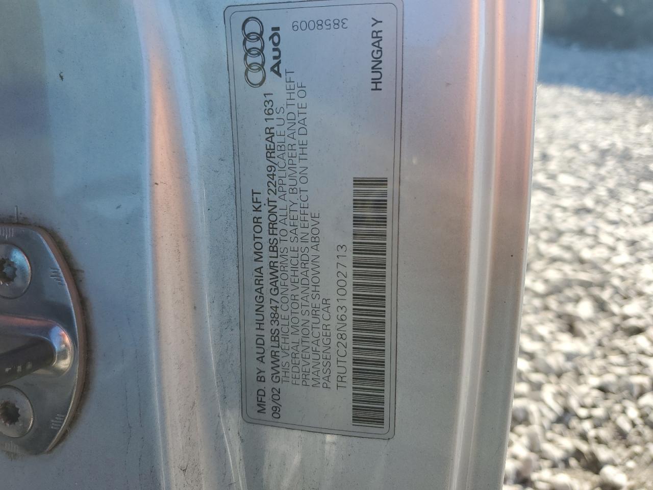 2003 Audi Tt VIN: TRUTC28N631002713 Lot: 91026355