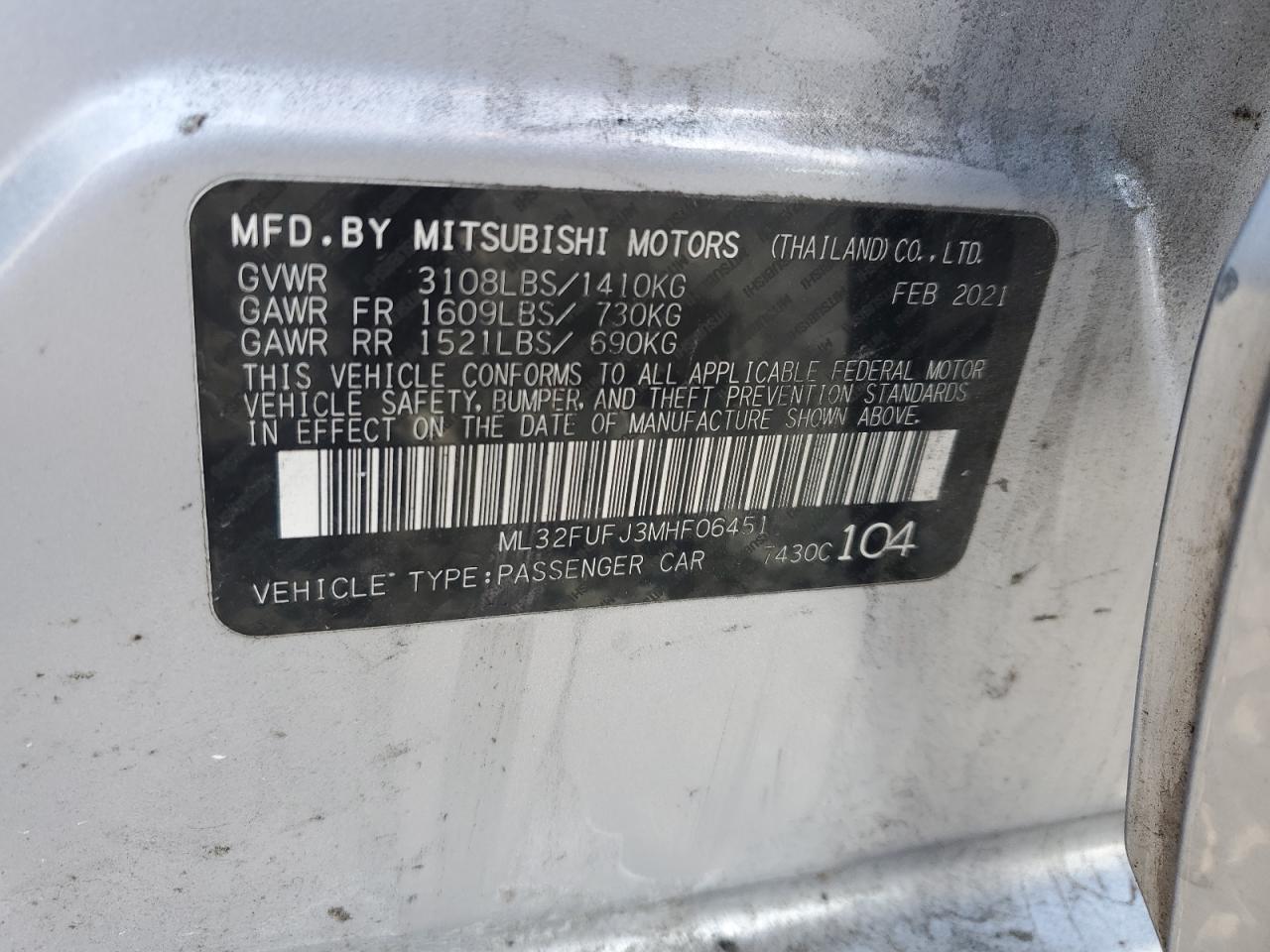 2021 Mitsubishi Mirage G4 Es VIN: ML32FUFJ3MHF06451 Lot: 93143275