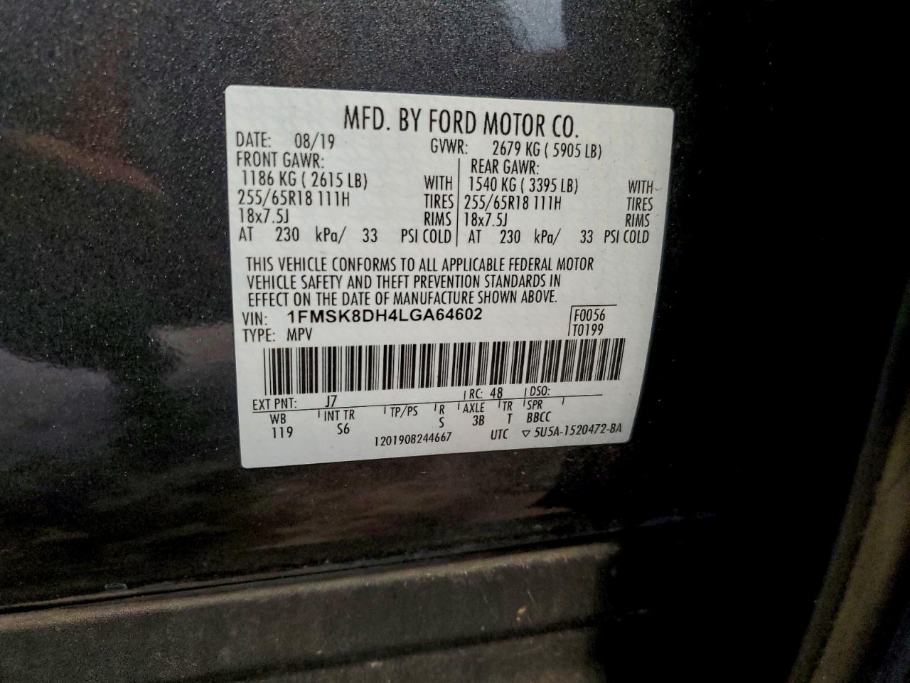 2020 Ford Explorer Xlt VIN: 1FMSK8DH4LGA64602 Lot: 94864105