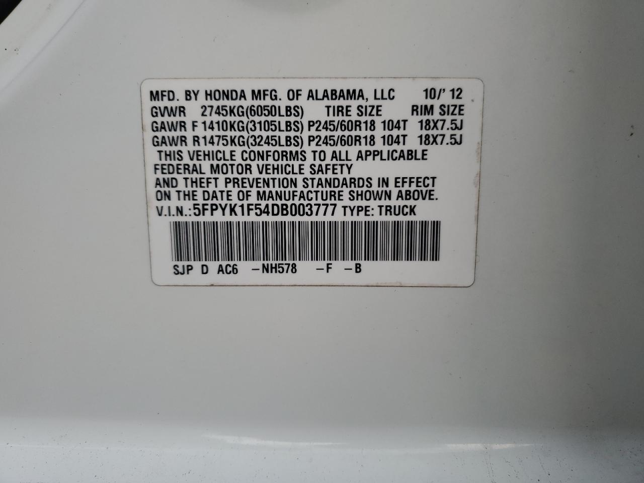 2013 Honda Ridgeline Rtl VIN: 5FPYK1F54DB003777 Lot: 93669605