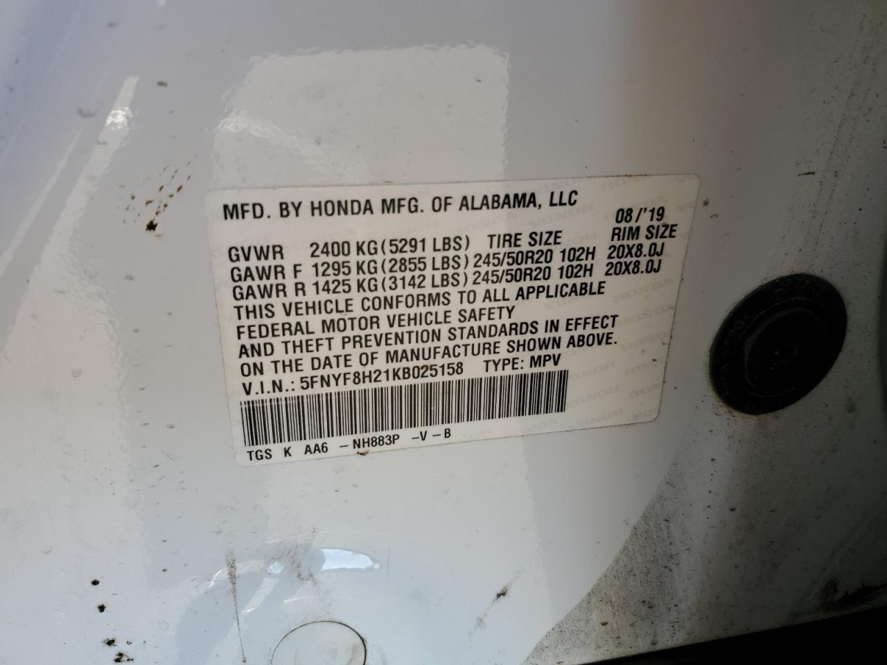 2019 Honda Passport Sport VIN: 5FNYF8H21KB025158 Lot: 93244285