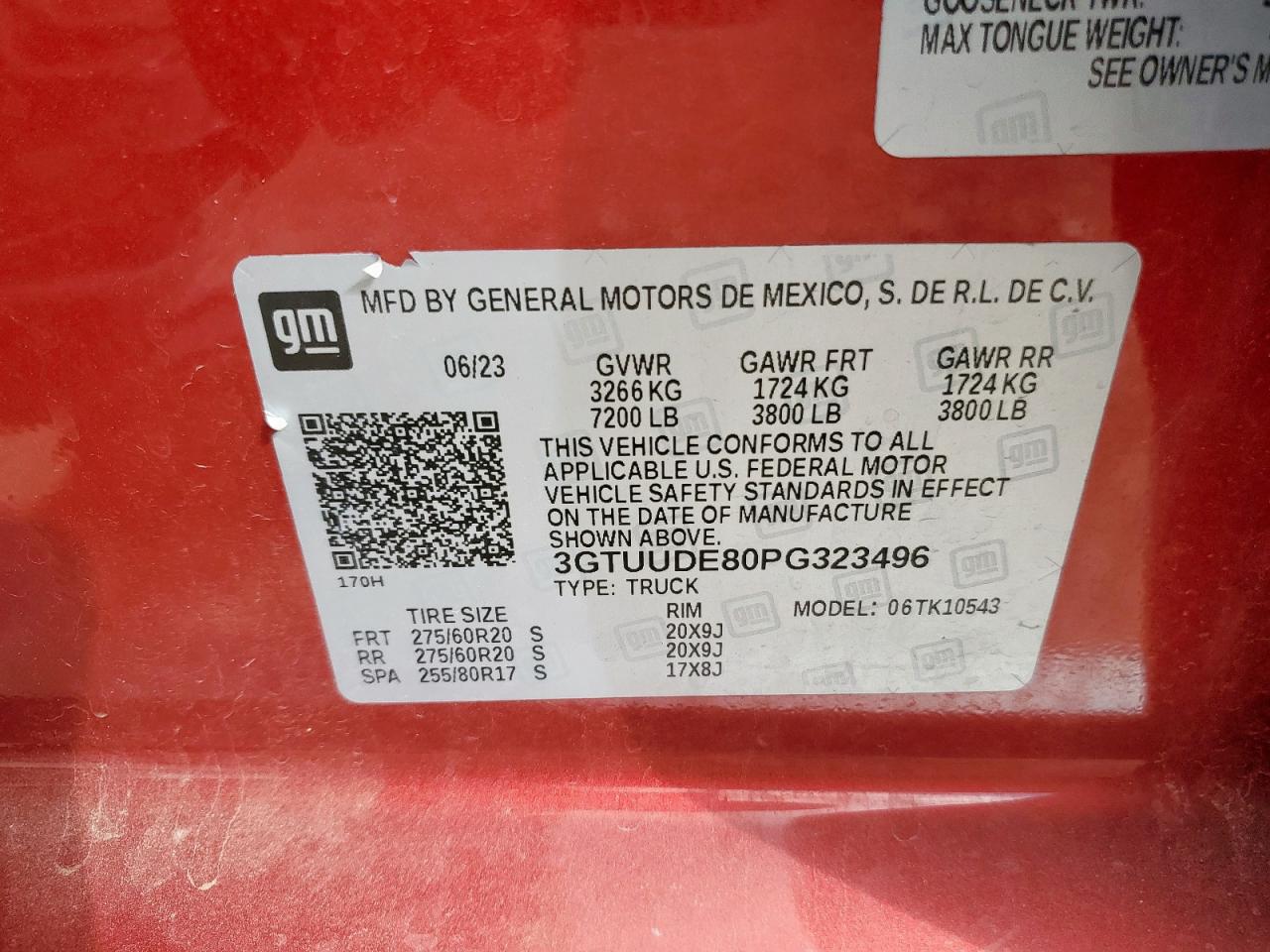 2023 GMC Sierra K1500 Slt VIN: 3GTUUDE80PG323496 Lot: 92398065