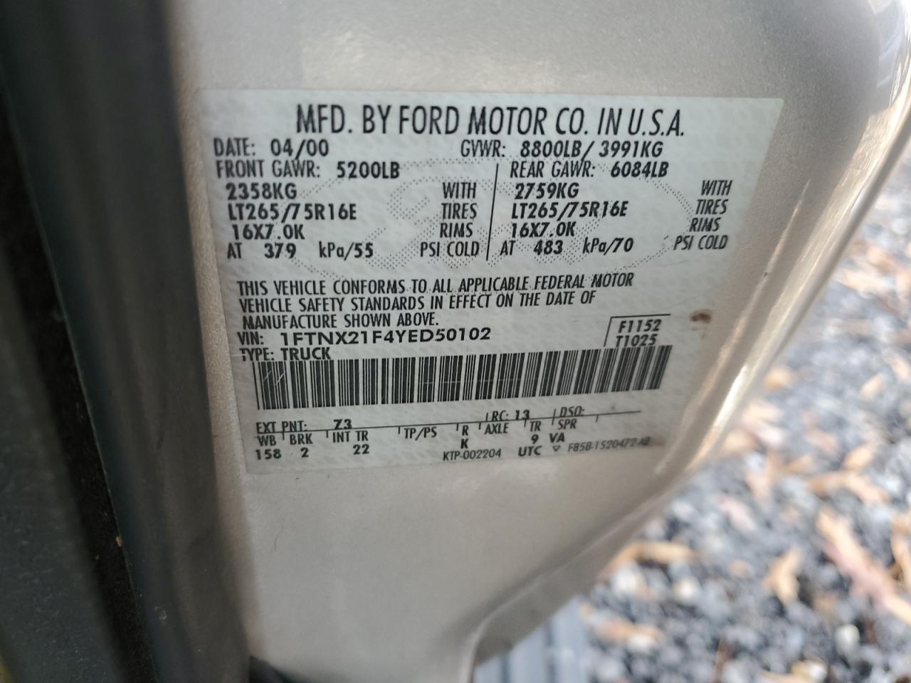 2000 Ford F250 Super Duty VIN: 1FTNX21F4YED50102 Lot: 90975195