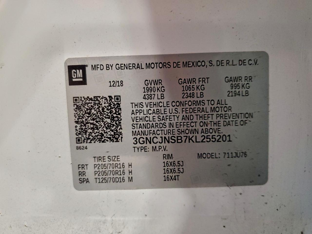 2019 Chevrolet Trax Ls VIN: 3GNCJNSB7KL255201 Lot: 94302295