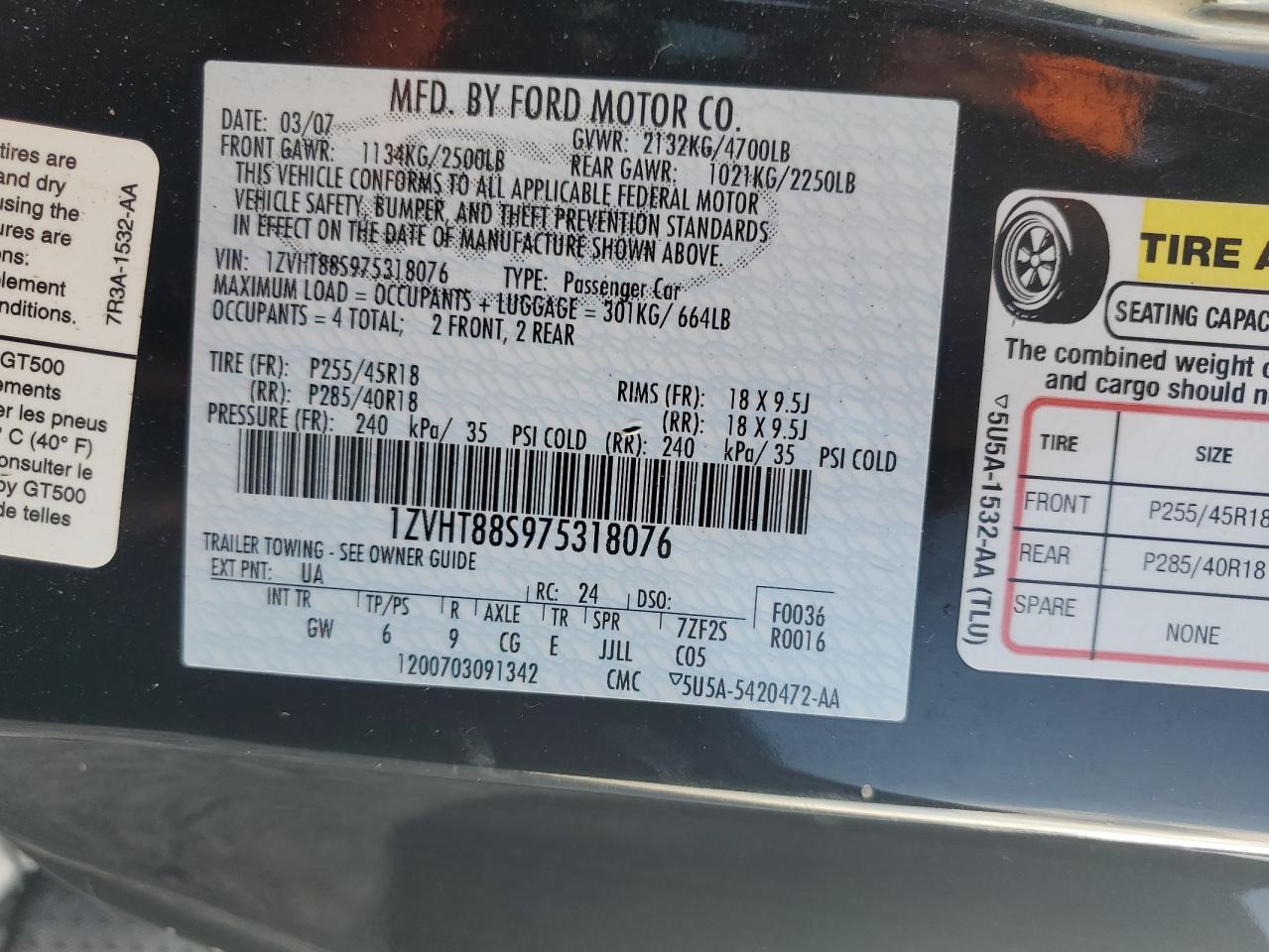 2007 Ford Mustang Shelby Gt500 VIN: 1ZVHT88S975318076 Lot: 93394915