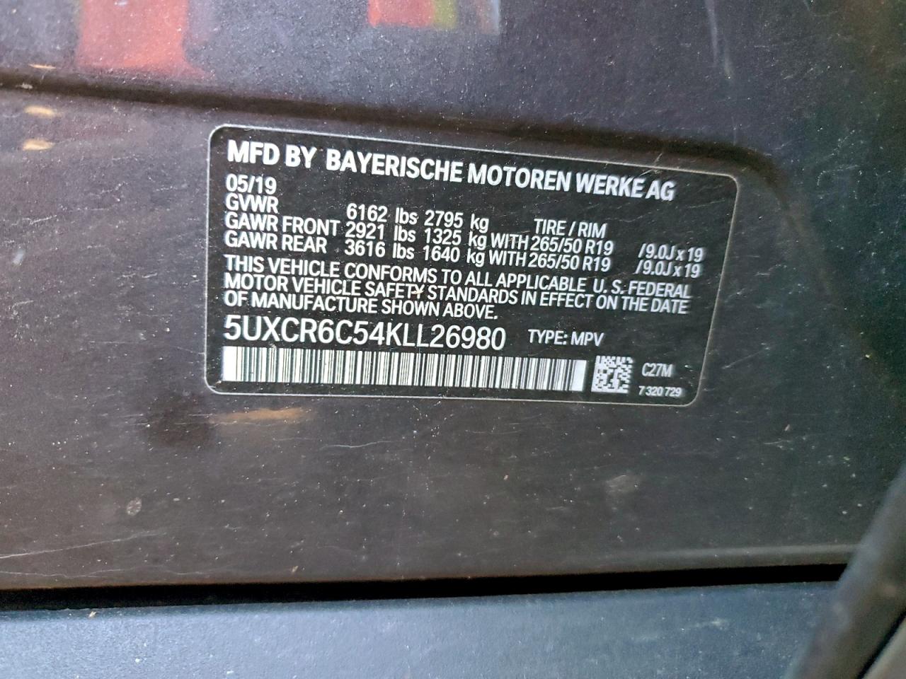 2019 BMW X5 xDrive40I VIN: 5UXCR6C54KLL26980 Lot: 93221655