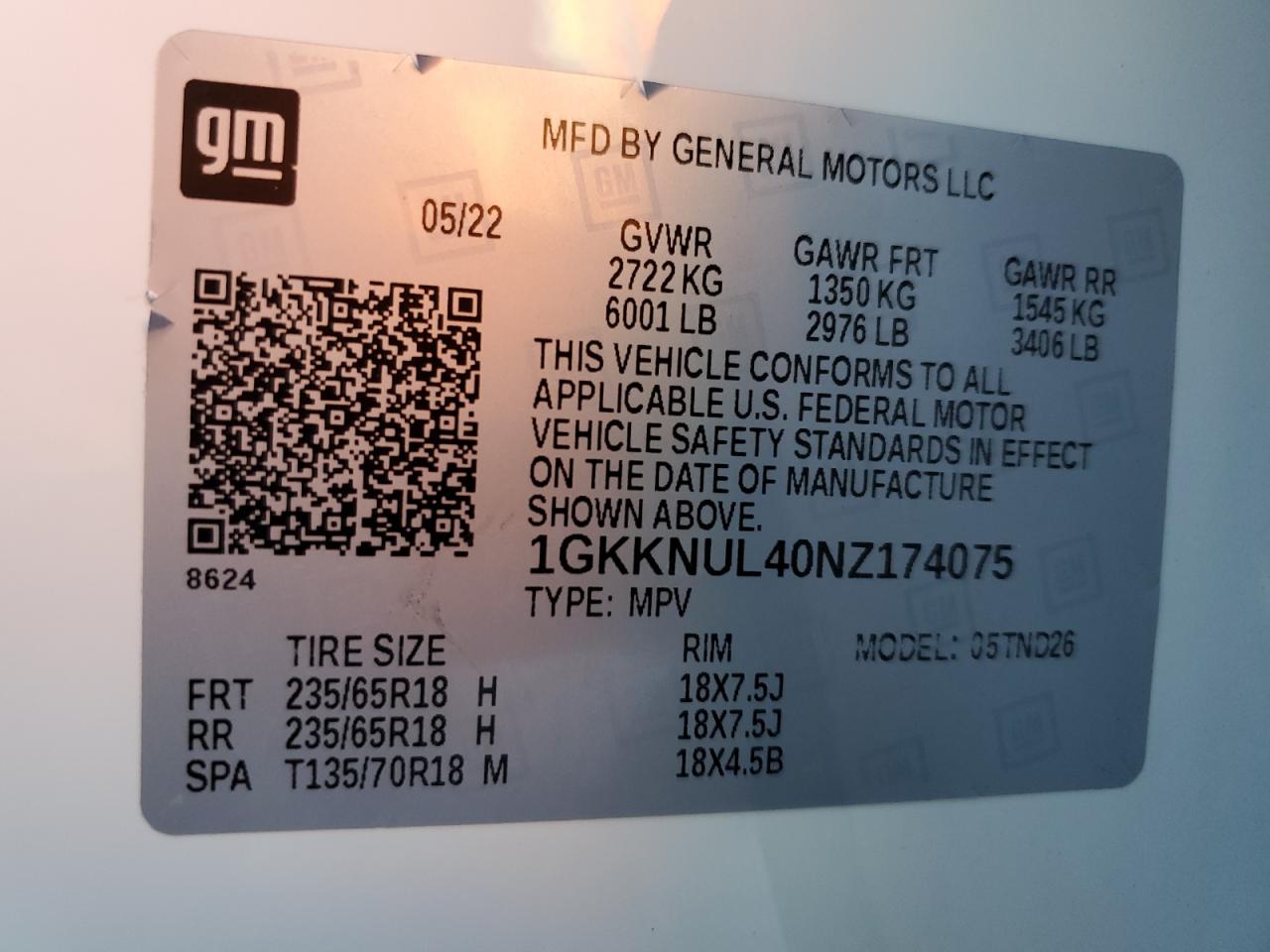 2022 GMC Acadia Slt VIN: 1GKKNUL40NZ174075 Lot: 92794685