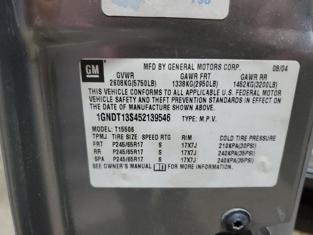 2005 Chevrolet Trailblazer Ls VIN: 1GNDT13S452139546 Lot: 92935095