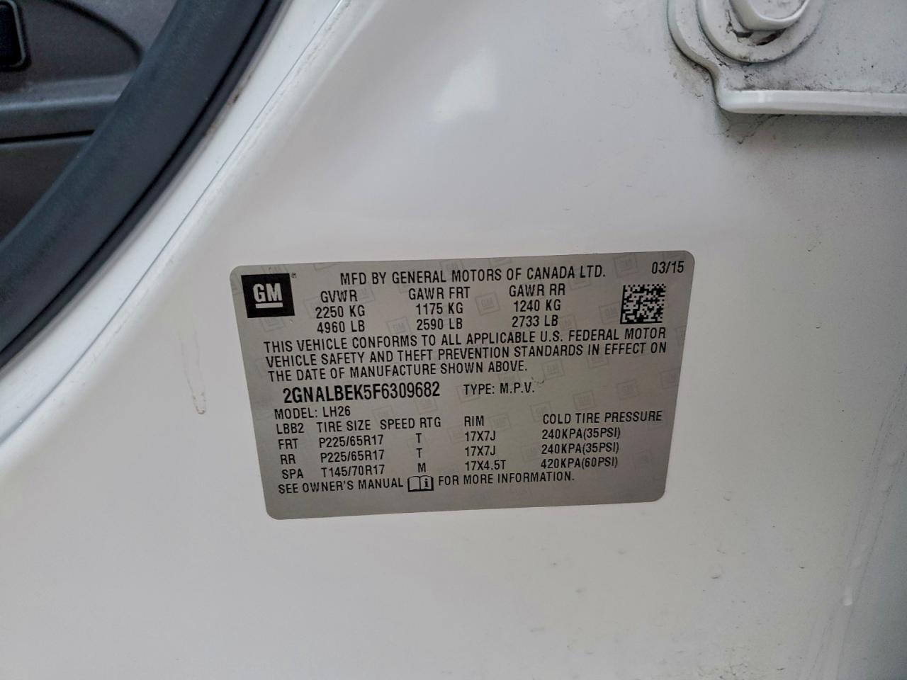 2015 Chevrolet Equinox Lt VIN: 2GNALBEK5F6309682 Lot: 94415095