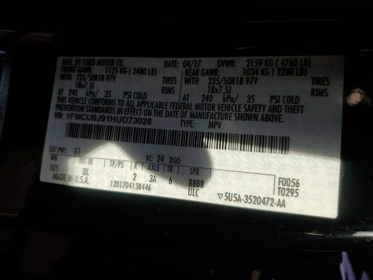 2017 Ford Escape Titanium VIN: 1FMCU0J91HUD73028 Lot: 93088785