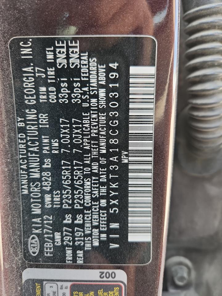 2012 Kia Sorento Base VIN: 5XYKT3A18CG303194 Lot: 93296525