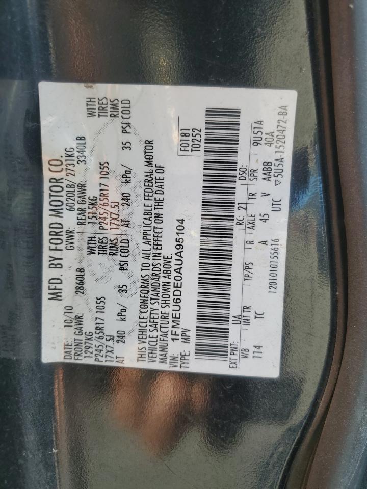 2010 Ford Explorer Xlt VIN: 1FMEU6DE0AUA95104 Lot: 92246185