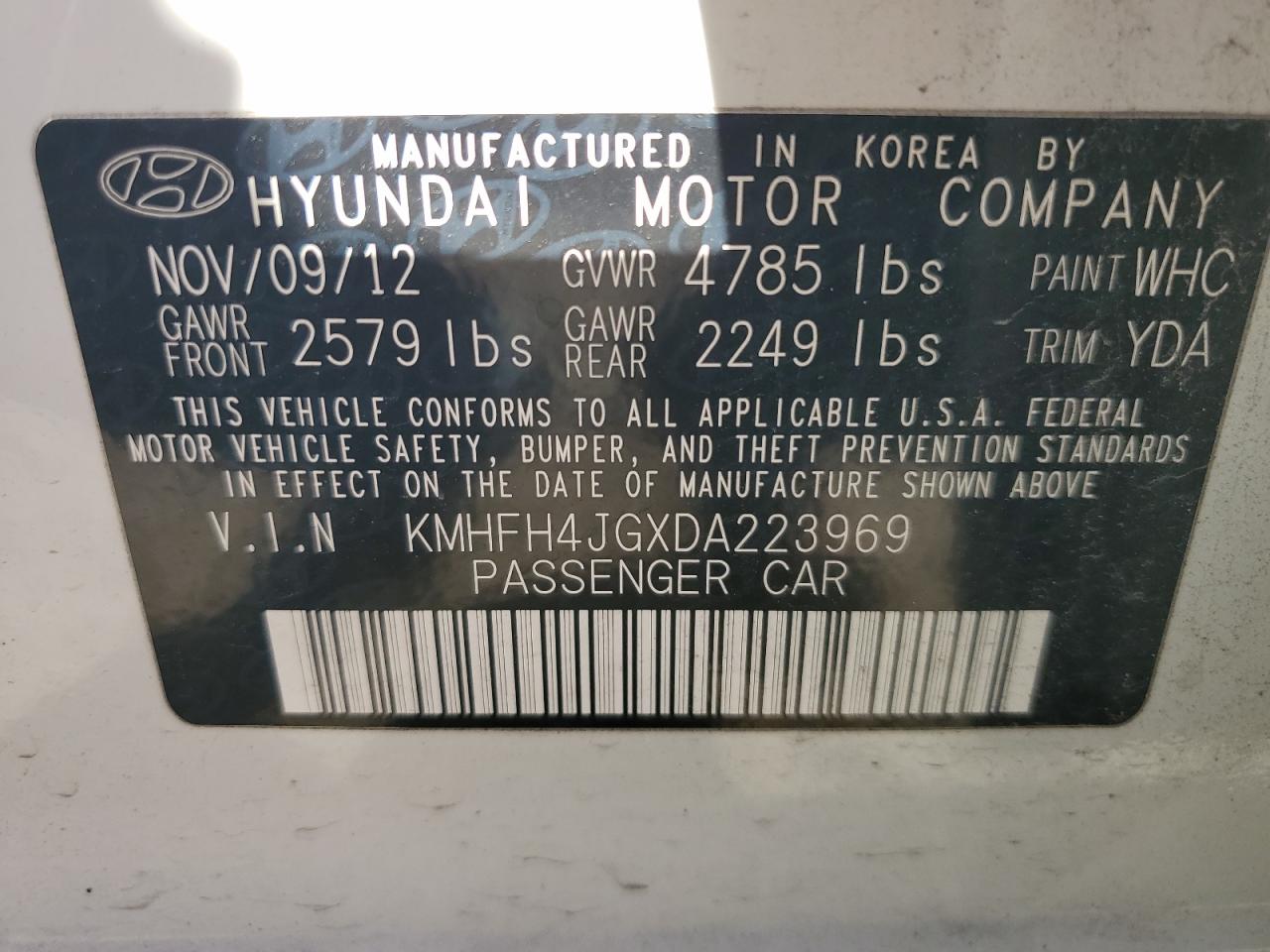 2013 Hyundai Azera Gls VIN: KMHFH4JGXDA223969 Lot: 85420925