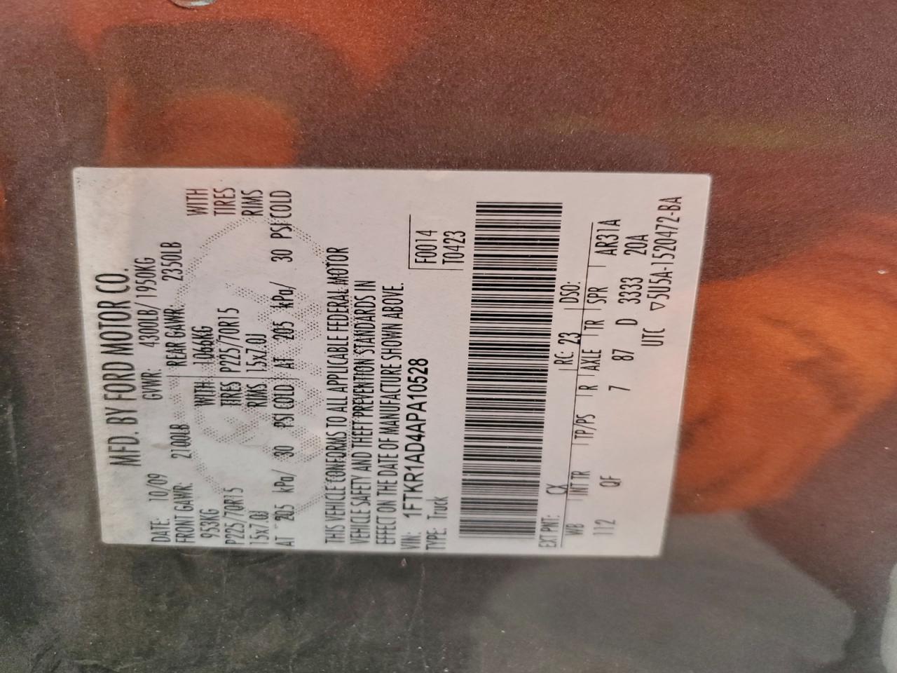 2010 Ford Ranger VIN: 1FTKR1AD4APA10528 Lot: 93765295