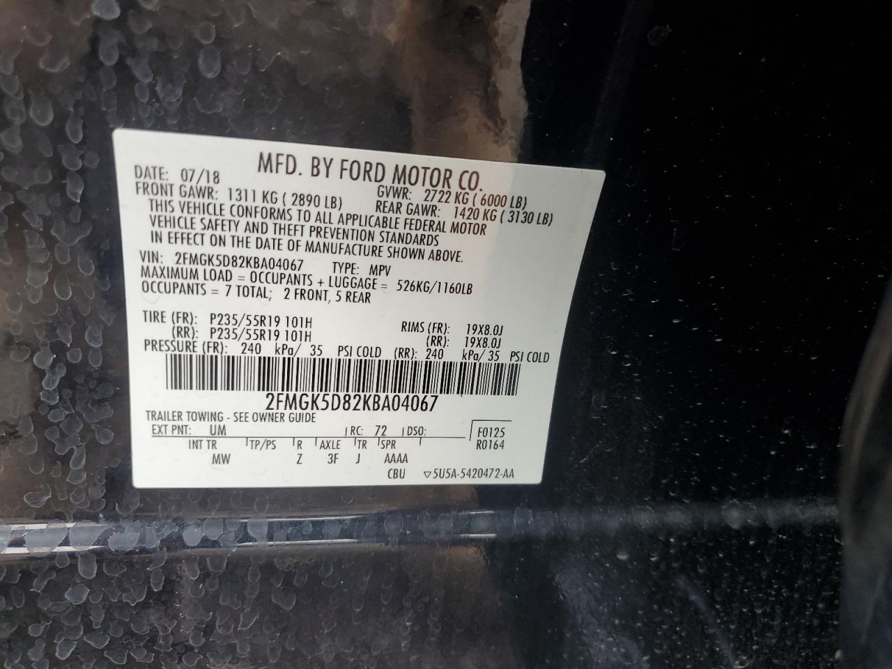 2019 Ford Flex Limited VIN: 2FMGK5D82KBA04067 Lot: 92760685