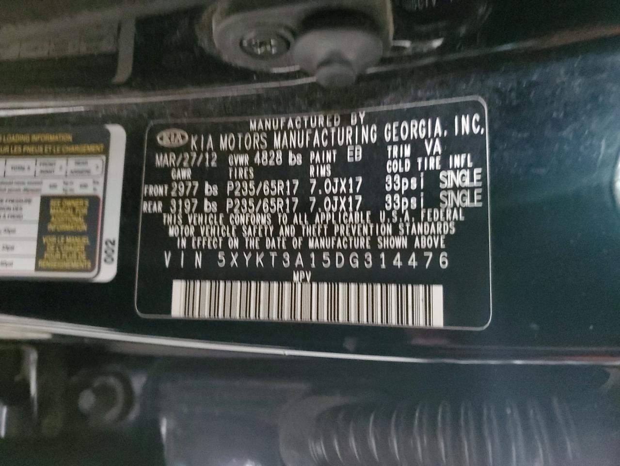 2013 Kia Sorento Lx VIN: 5XYKT3A15DG314476 Lot: 91549425