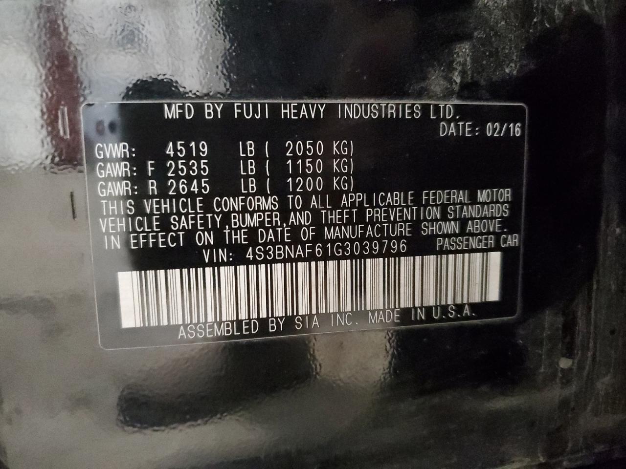 2016 Subaru Legacy 2.5I Premium VIN: 4S3BNAF61G3039796 Lot: 92046905