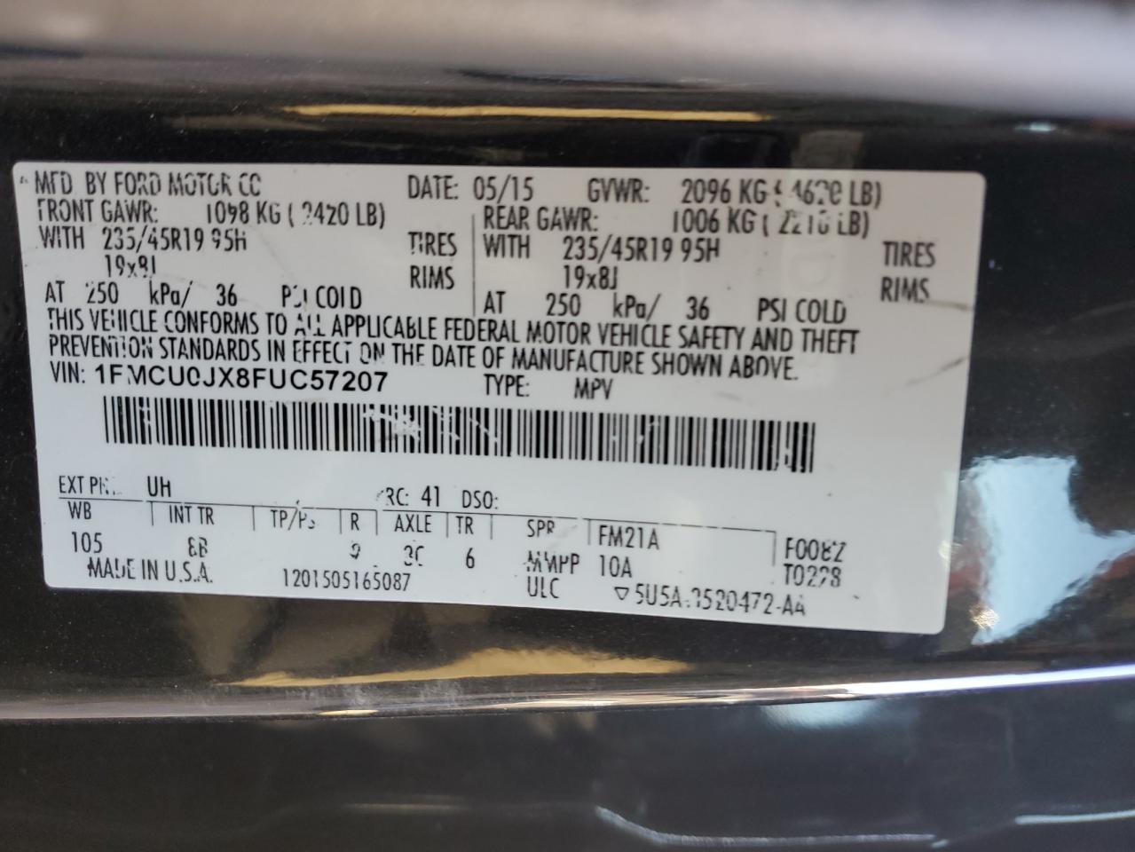 2015 Ford Escape Titanium VIN: 1FMCU0JX8FUC57207 Lot: 91117395