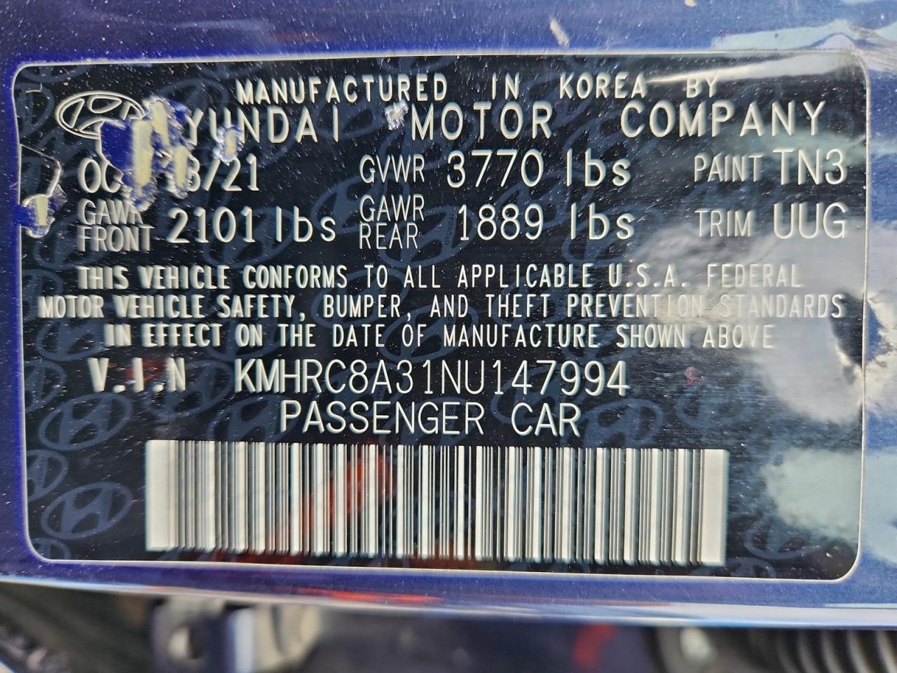 2022 Hyundai Venue Sel VIN: KMHRC8A31NU147994 Lot: 94760725