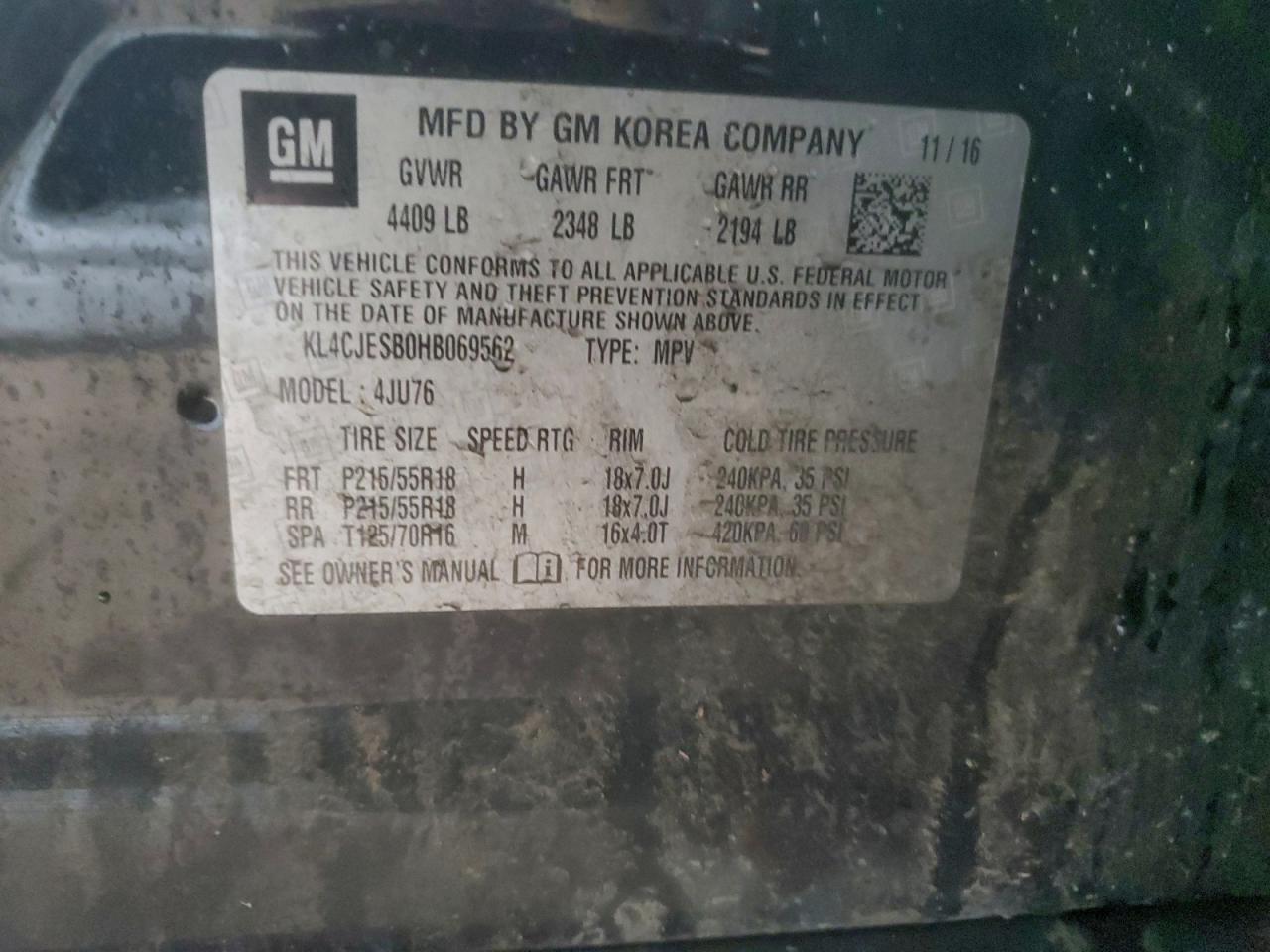 2017 Buick Encore Preferred VIN: KL4CJESB0HB069562 Lot: 94080735