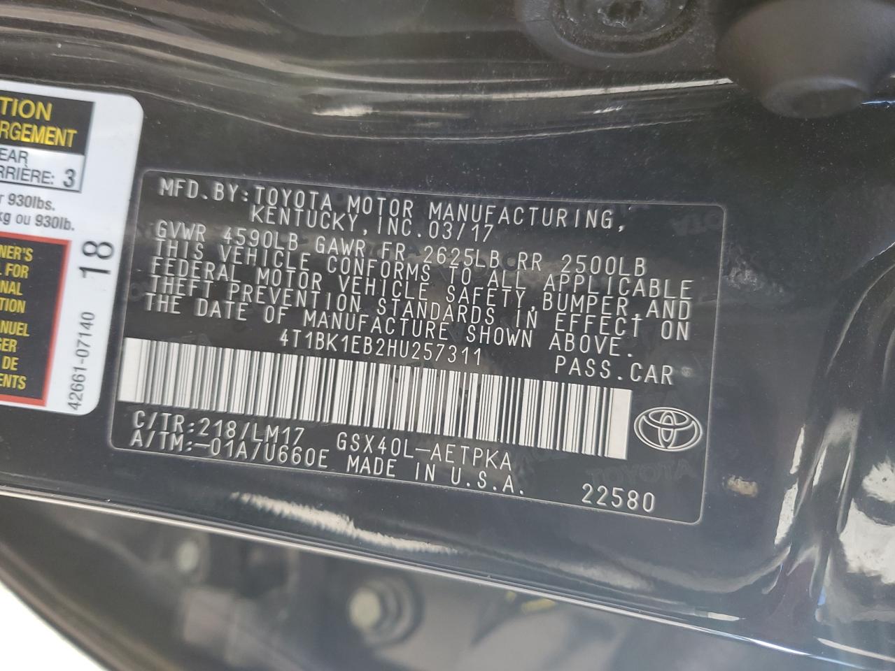 2017 Toyota Avalon Xle VIN: 4T1BK1EB2HU257311 Lot: 91811105