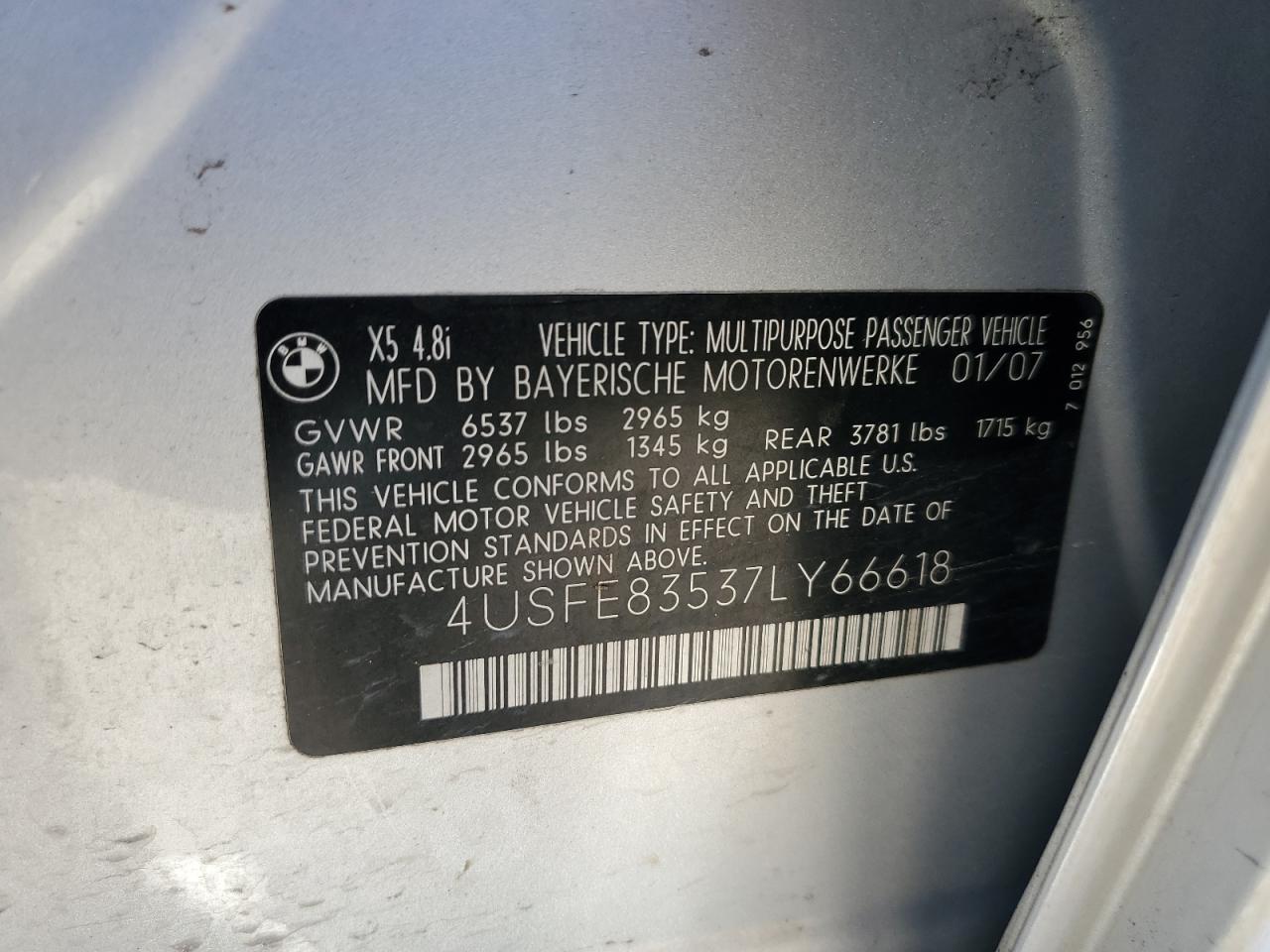 2007 BMW X5 4.8I VIN: 4USFE83537LY66618 Lot: 91944905