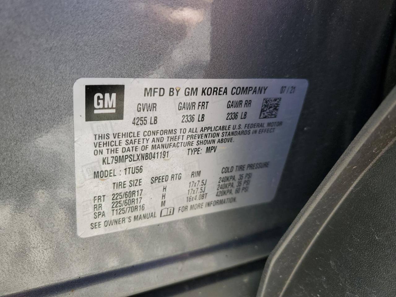 2022 Chevrolet Trailblazer Lt VIN: KL79MPSLXNB041191 Lot: 90922895