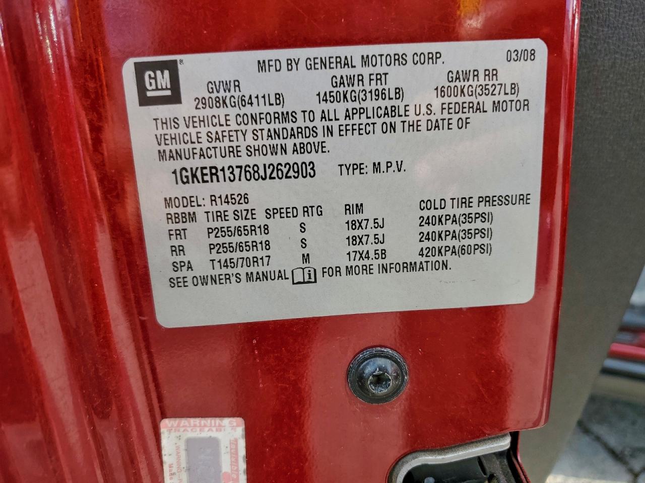 2008 GMC Acadia Sle VIN: 1GKER13768J262903 Lot: 93032495