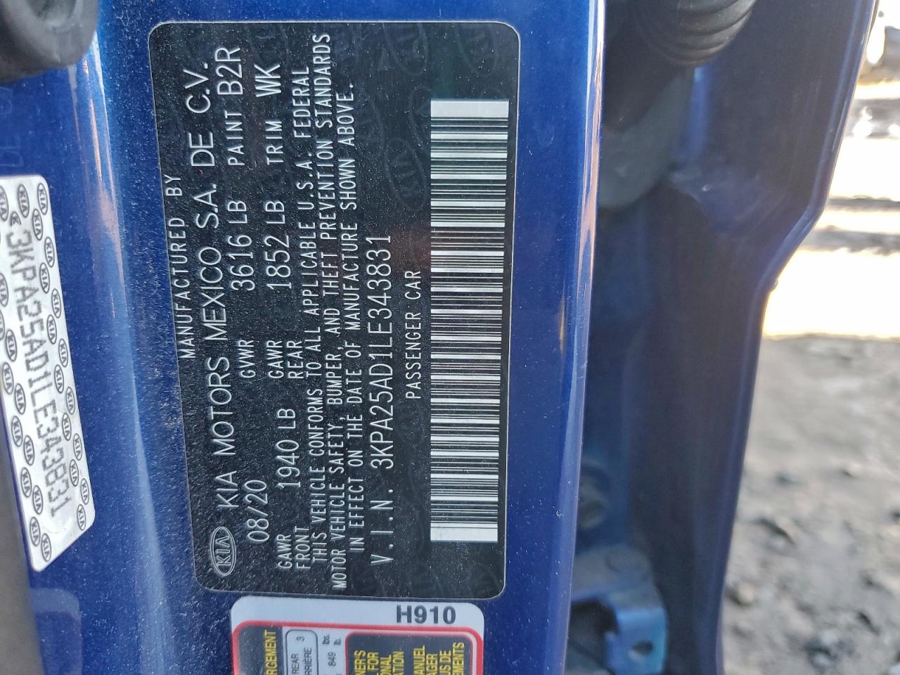 2020 Kia Rio Lx VIN: 3KPA25AD1LE343831 Lot: 94885605