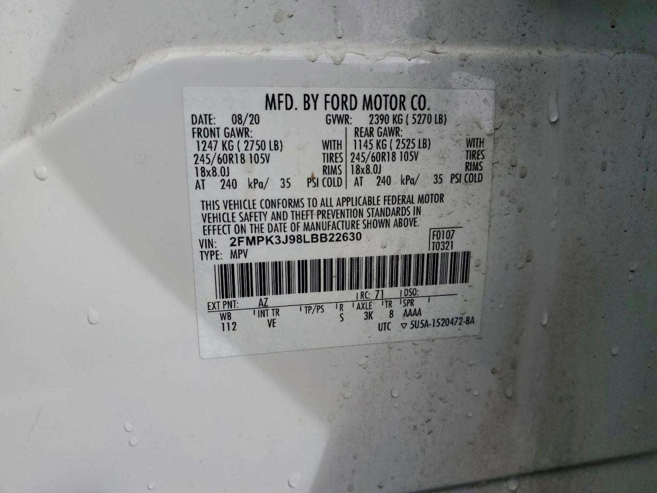 2020 Ford Edge Sel VIN: 2FMPK3J98LBB22630 Lot: 94169905