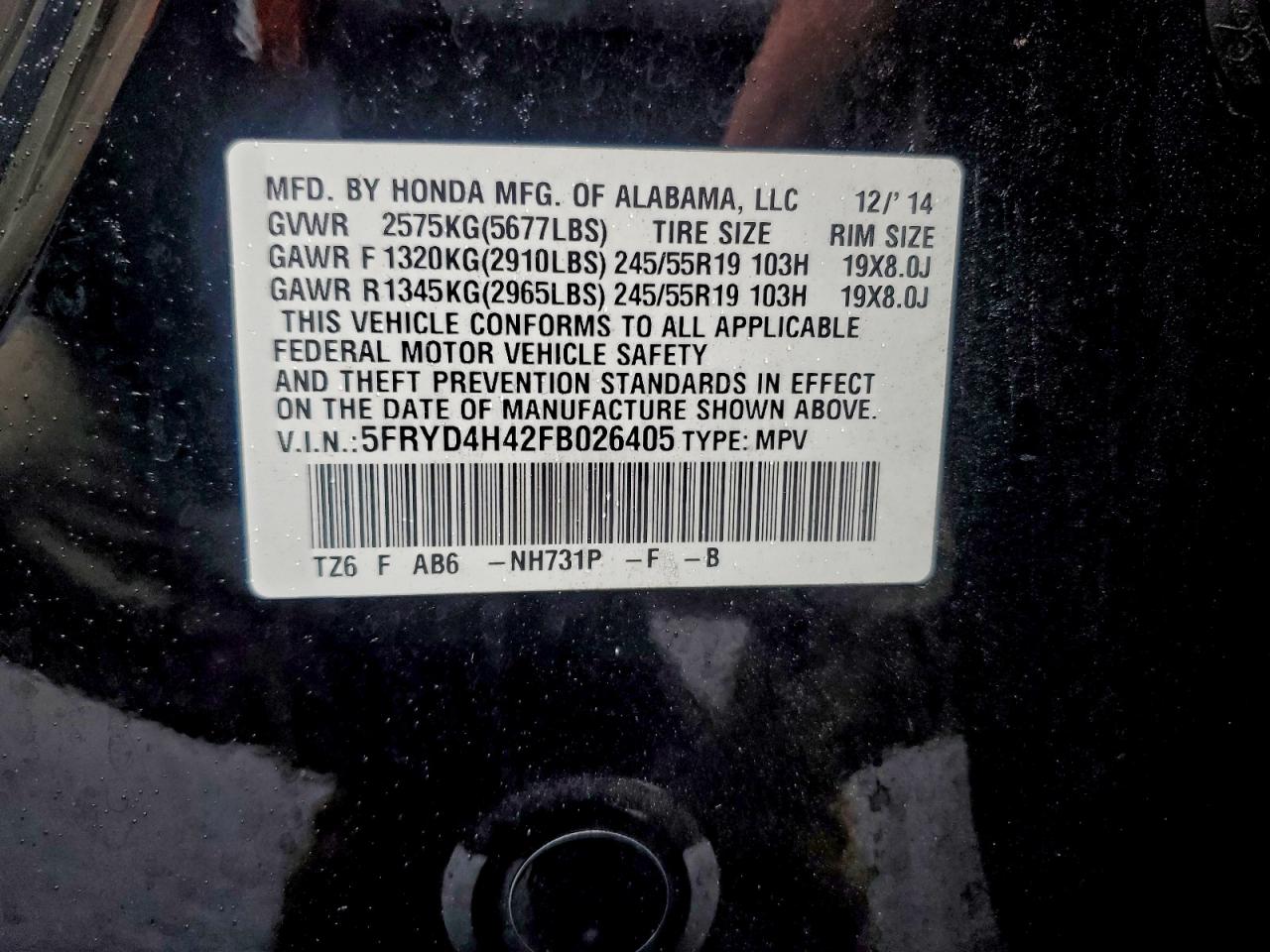 2015 Acura Mdx Technology VIN: 5FRYD4H42FB026405 Lot: 94343025