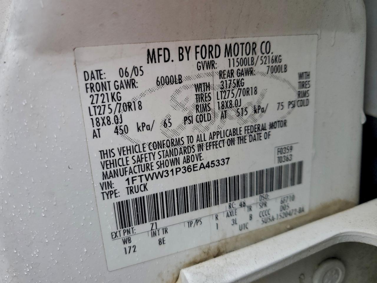 2006 Ford F350 Srw Super Duty VIN: 1FTWW31P36EA45337 Lot: 94171765