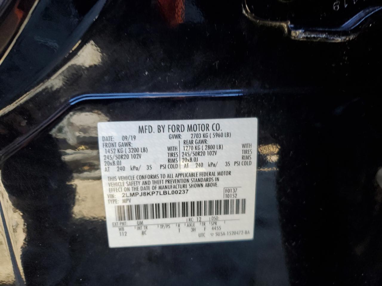 2020 Lincoln Nautilus Reserve VIN: 2LMPJ8KP7LBL00237 Lot: 93202715