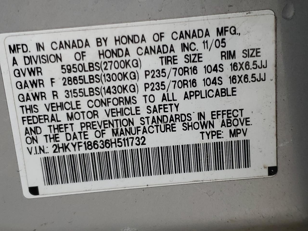 2006 Honda Pilot Ex VIN: 2HKYF18636H511732 Lot: 93248575