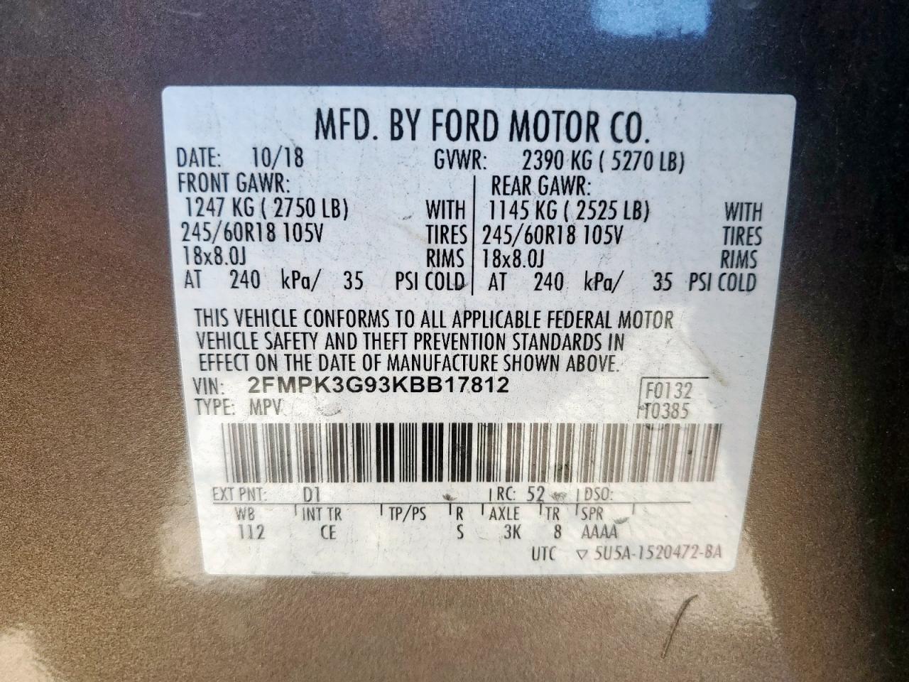 2019 Ford Edge Se VIN: 2FMPK3G93KBB17812 Lot: 91890455