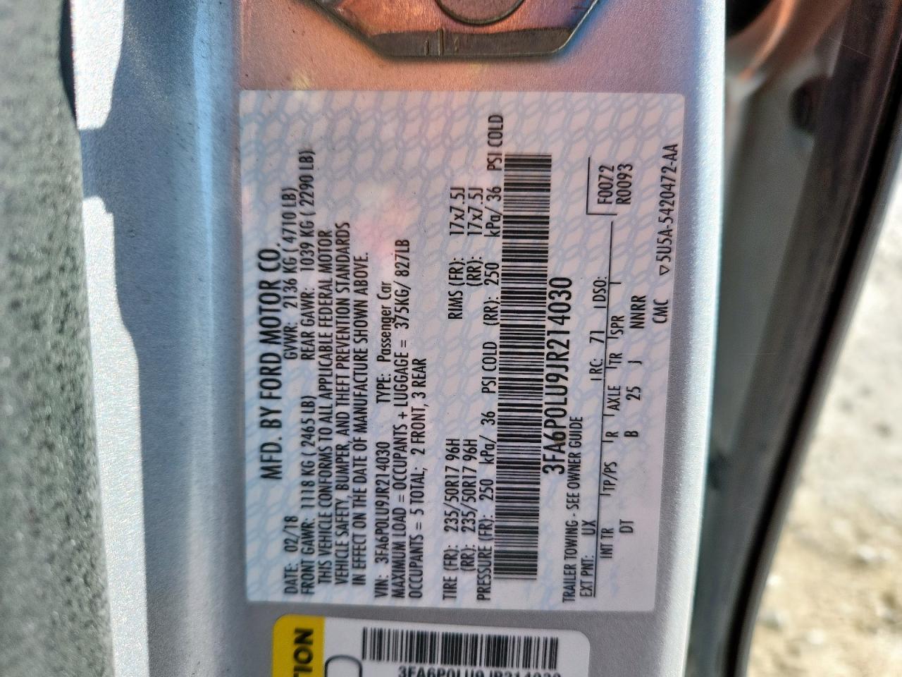 2018 Ford Fusion Se Hybrid VIN: 3FA6P0LU9JR214030 Lot: 91469435