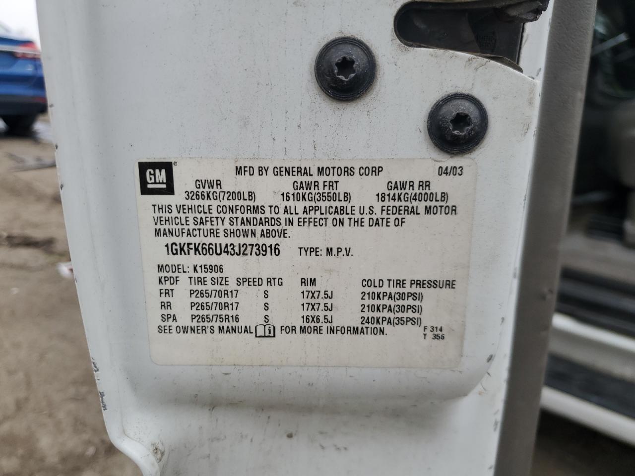 2003 GMC Yukon Xl Denali VIN: 1GKFK66U43J273916 Lot: 93630845