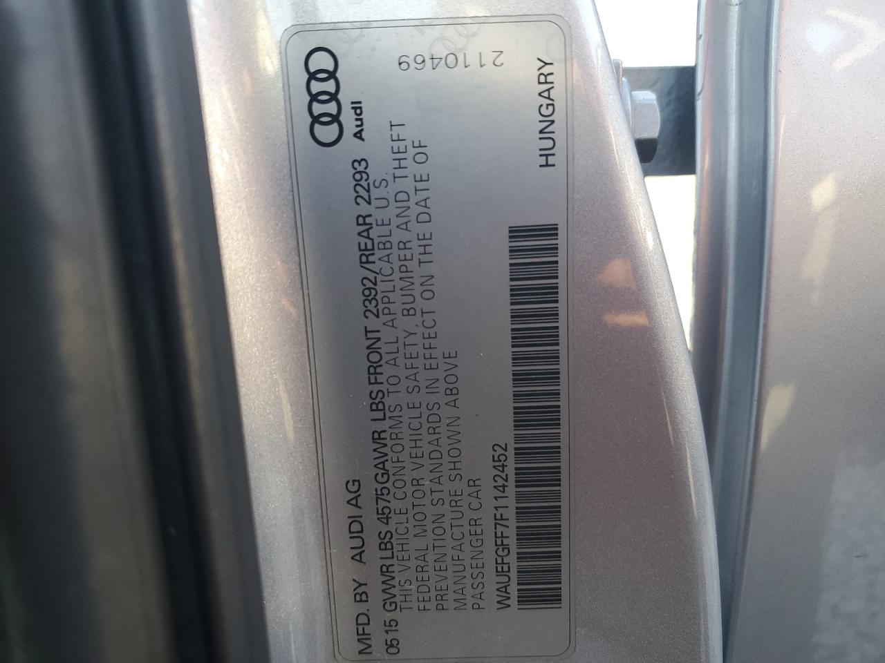 2015 Audi A3 Premium Plus VIN: WAUEFGFF7F1142452 Lot: 92869325