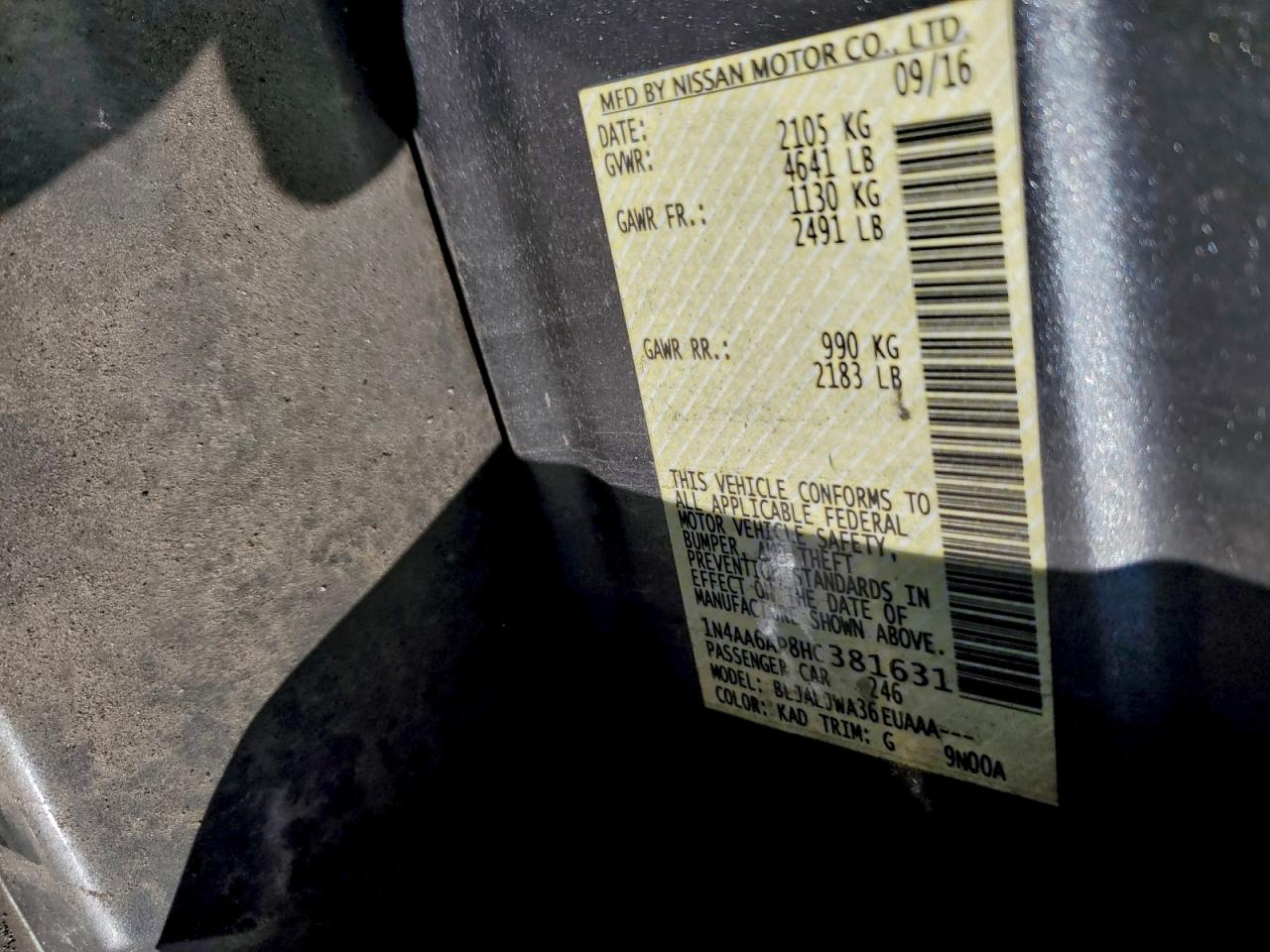 2017 Nissan Maxima 3.5S VIN: 1N4AA6AP8HC381631 Lot: 93960095