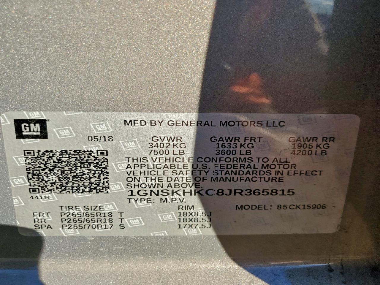 2018 Chevrolet Suburban K1500 Lt VIN: 1GNSKHKC8JR365815 Lot: 94064805