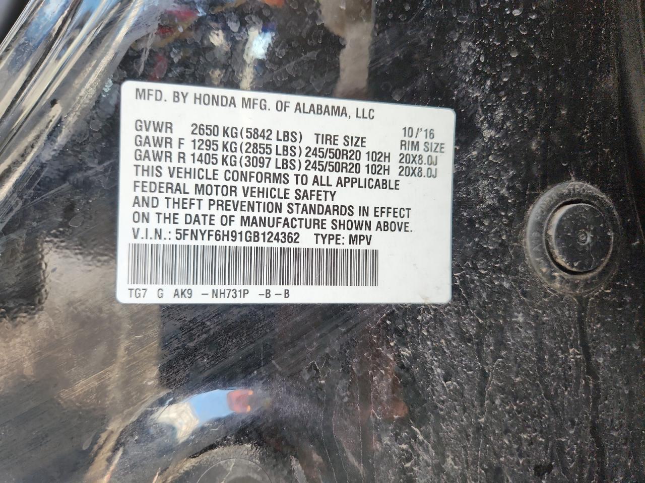 2016 Honda Pilot Touring VIN: 5FNYF6H91GB124362 Lot: 91432505