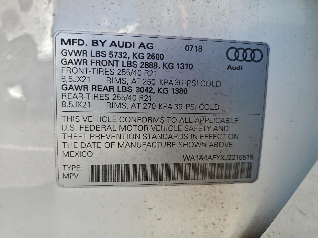 2018 Audi Sq5 Premium Plus VIN: WA1A4AFYXJ2216515 Lot: 94276365