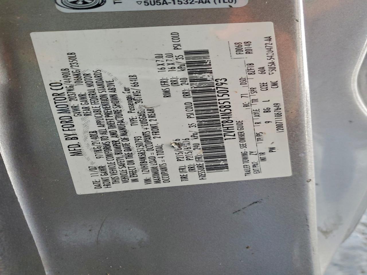 2008 Ford Mustang VIN: 1ZVHT84N585150793 Lot: 94379865