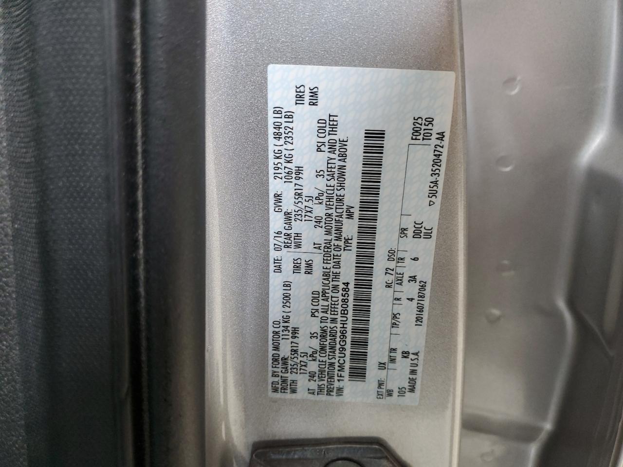 2017 Ford Escape Se VIN: 1FMCU9G96HUB08584 Lot: 92078545