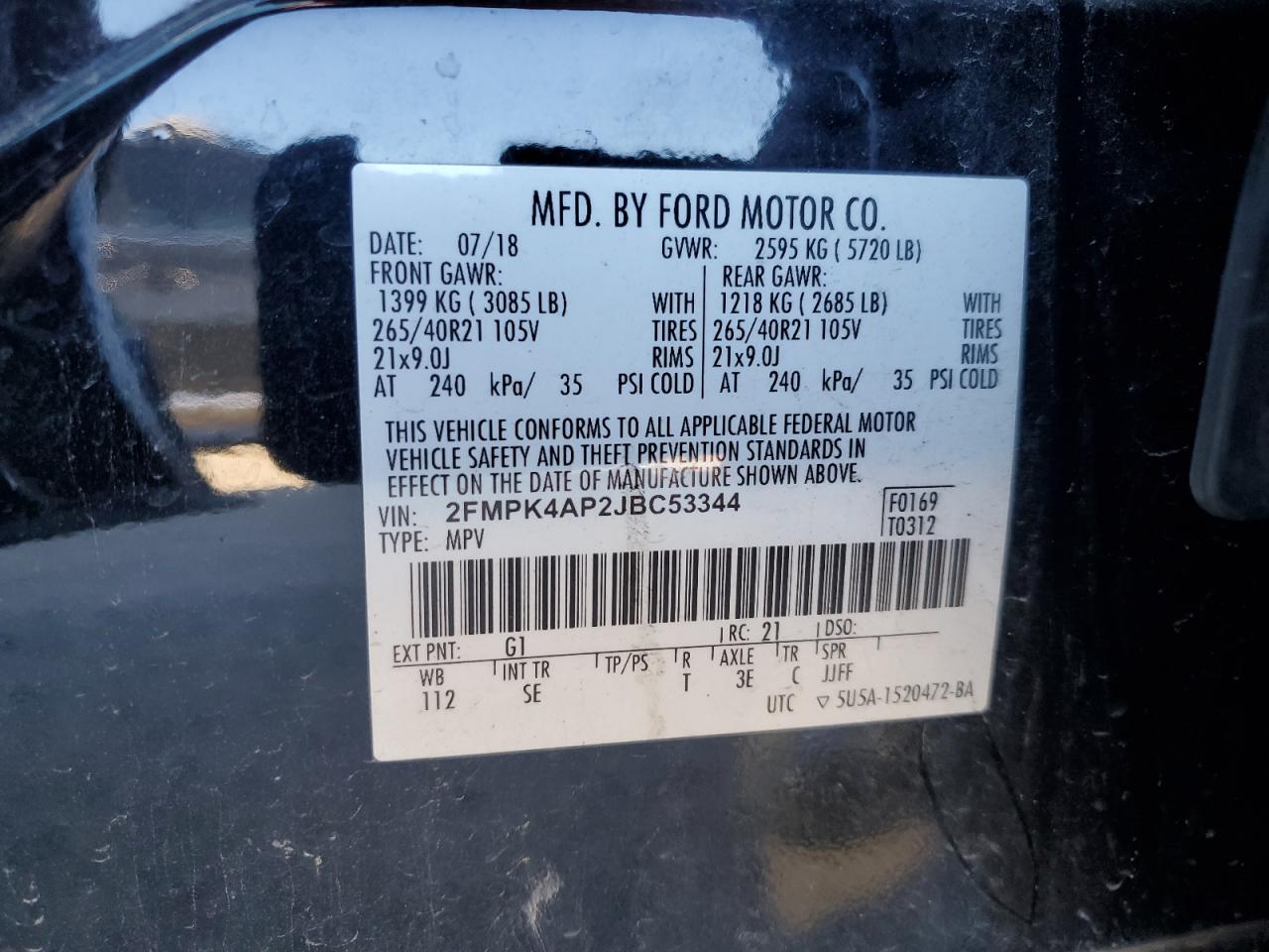 2018 Ford Edge Sport VIN: 2FMPK4AP2JBC53344 Lot: 91678725