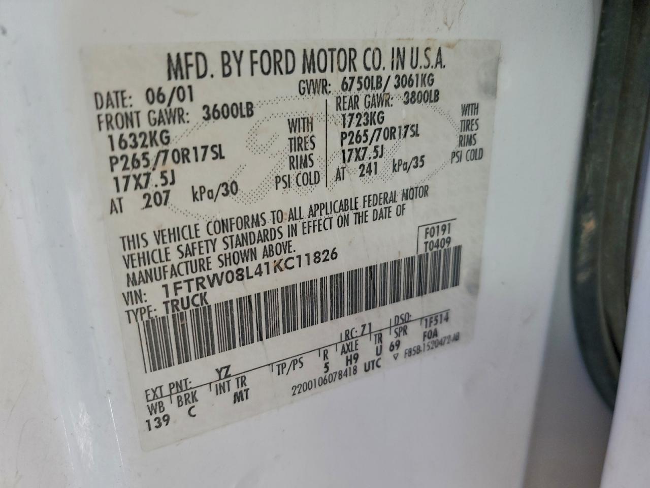 2001 Ford F150 Supercrew VIN: 1FTRW08L41KC11826 Lot: 94790815