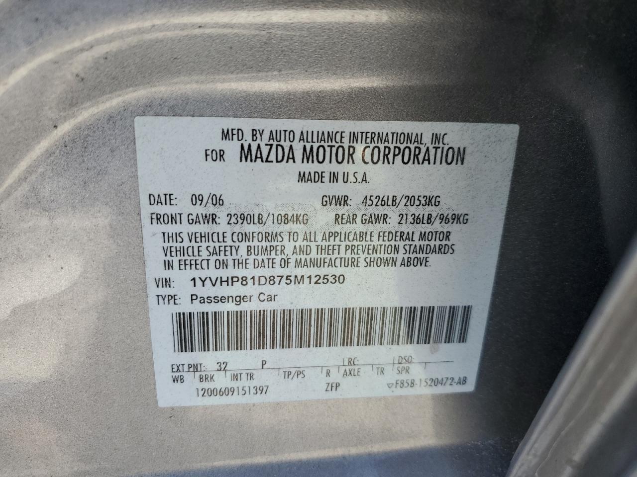 2007 Mazda 6 S VIN: 1YVHP81D875M12530 Lot: 92170605