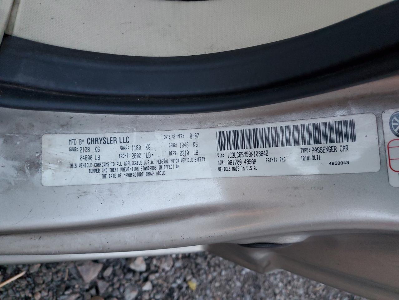 2008 Chrysler Sebring Limited VIN: 1C3LC65M58N103842 Lot: 91875975